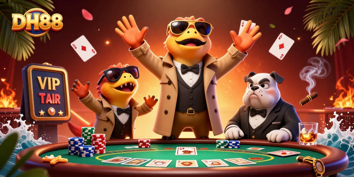 Join the fun at DH88 with raptors in disguise, enjoying a lively casino scene!