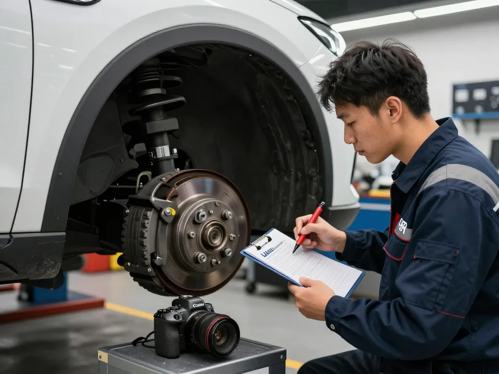 Mechanic conducting an Uber inspection on a car, ensuring vehicle safety and compliance.