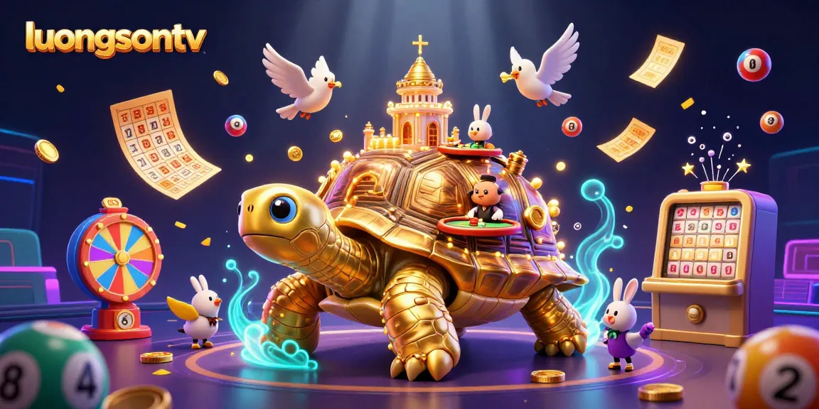 luongsontv showcases a vibrant casino scene featuring a golden tortoise, rabbit dealer, and dynamic lottery elements.