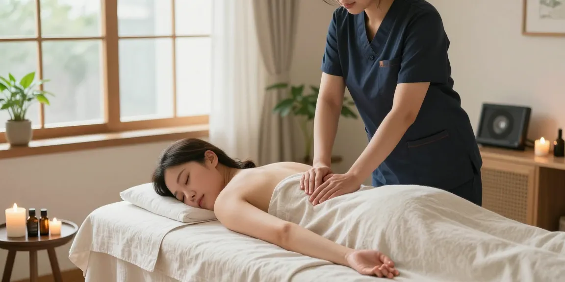 Relaxing 강남출장마사지 scene with therapist and client in a tranquil home setting