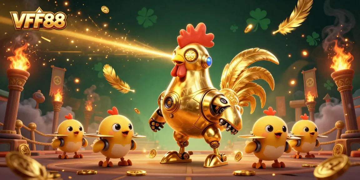 Engage with VFF88's golden rooster robot exploring an atmospheric casino battle scene.