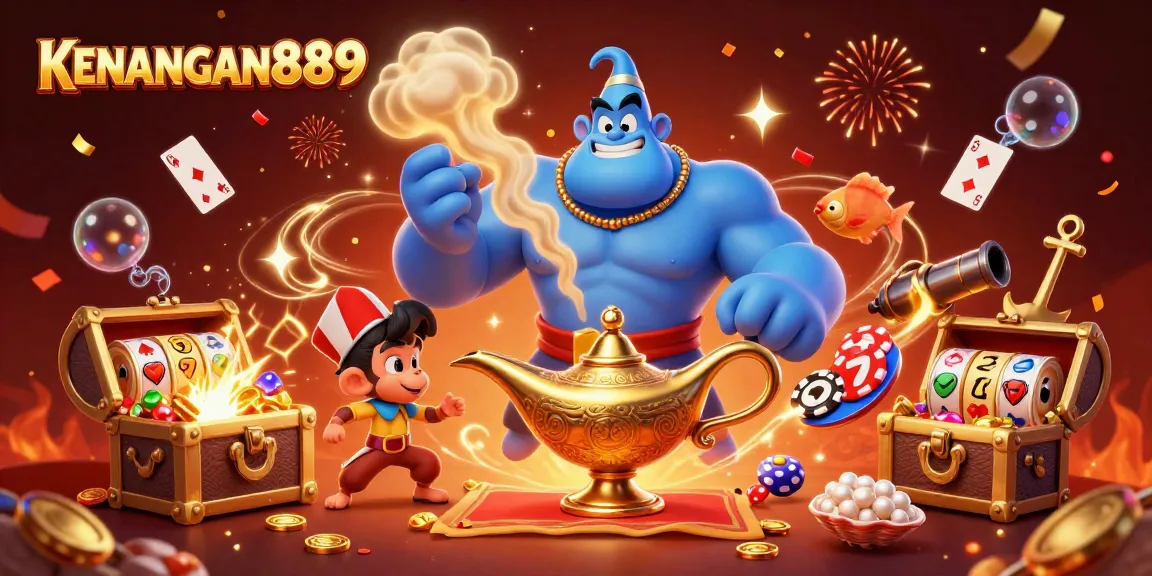 KENANGAN889 offers a magical gaming experience with a vibrant scene featuring slot reels and a genie.