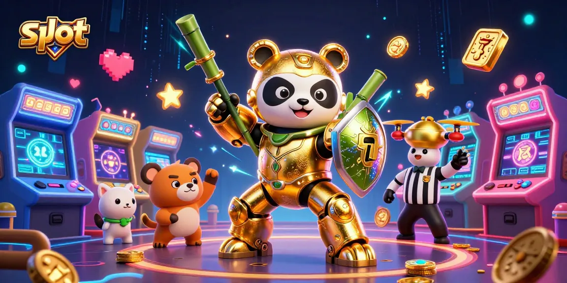 Putar slot dengan panda emas mekanik dan mesin arcade yang penuh warna di arena permainan.