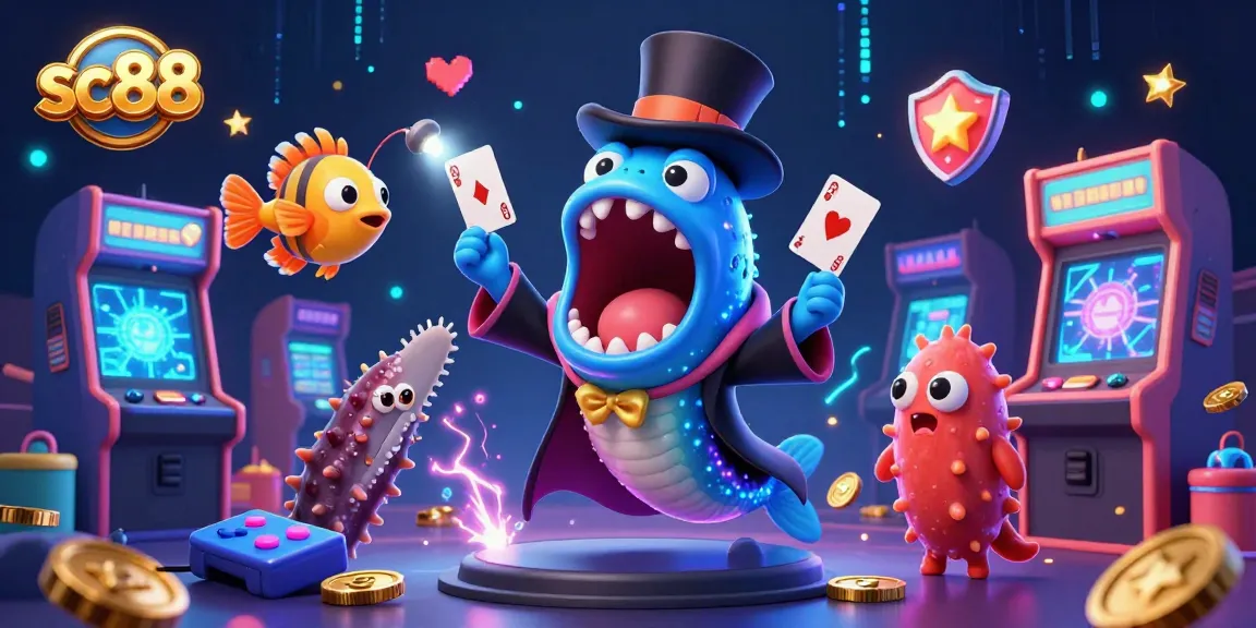 Engaging illustration of sc88 with a gulper eel magician performing tricks in a vibrant casino scene.