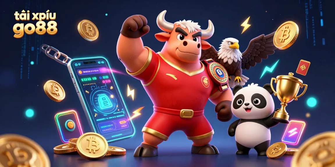 Win big with tài xỉu go88 in a vibrant 3D casino scene featuring bold characters and cryptocurrency elements.