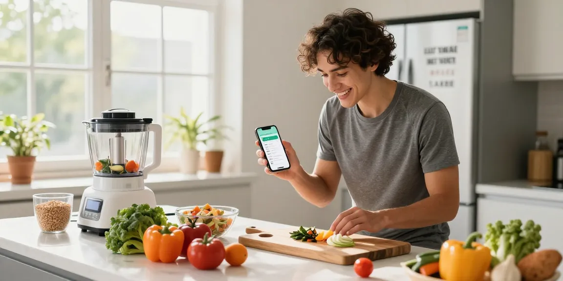 The best calorie tracker app displayed while healthy cooking in a bright kitchen.