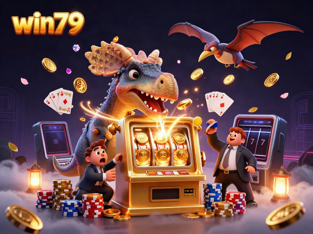win79 features a pachycephalosaurus winning jackpot coins from a golden slot machine, filled with animated casino elements.