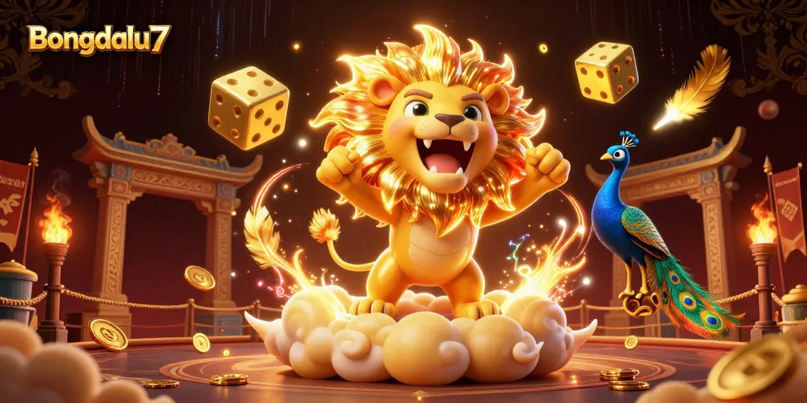 Engage with Bongdalu7's dynamic betting scene featuring a roaring lion, golden dice, and vibrant gambling elements.