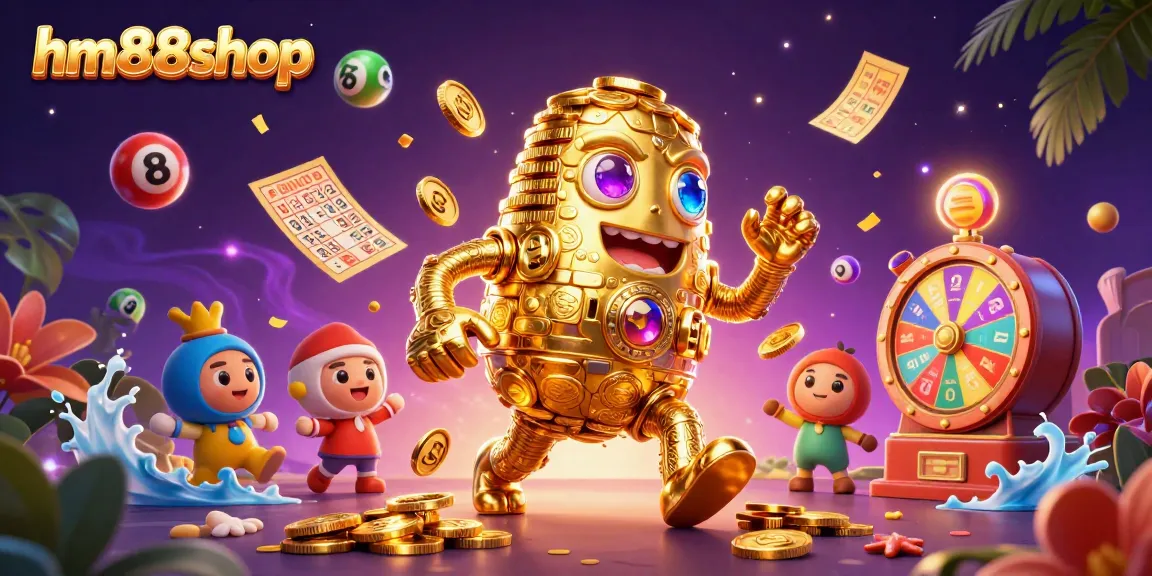 hm88shop casino illustration showcasing colorful lottery elements and a golden golem