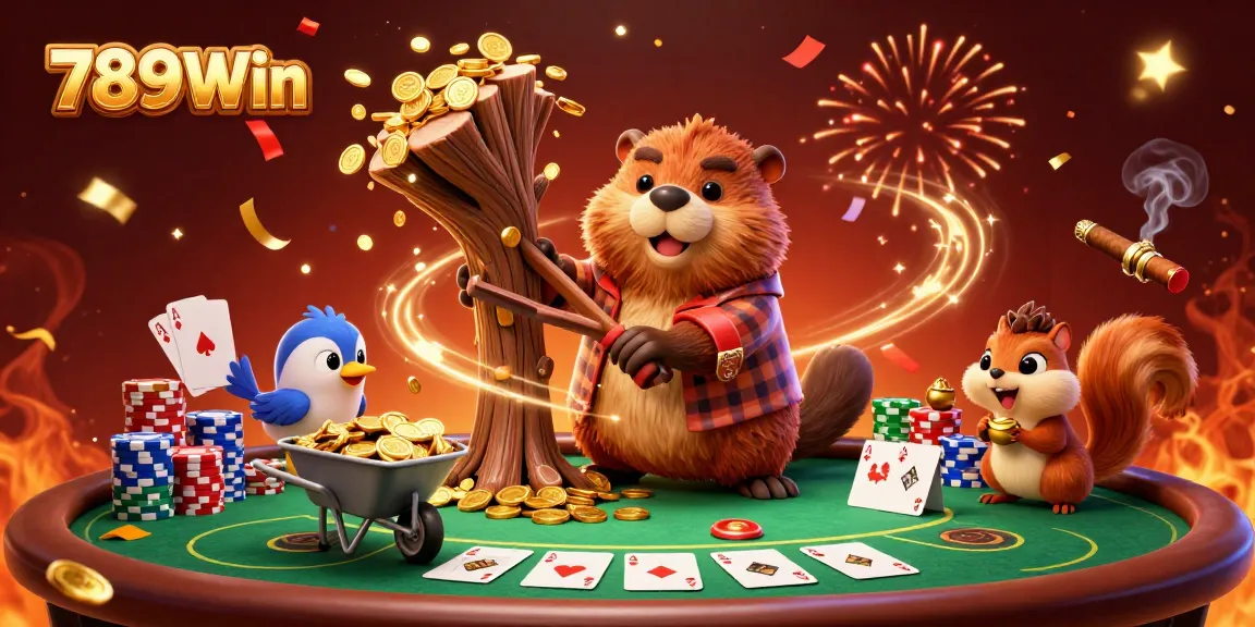 Win big with 789Win as a beaver character chops a tree raining golden coins in a vibrant casino scene.