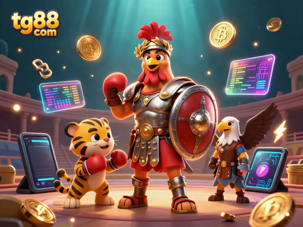 Engage in the action at tg88 com with a vibrant 3D casino scene featuring legendary characters and crypto elements.