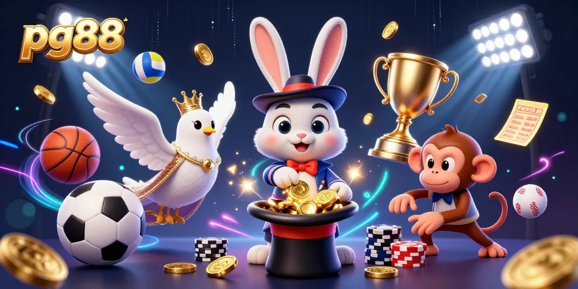 Engage with pg88 using a magical scene featuring a magician rabbit, dove, and monkey amidst thrilling sports betting elements.