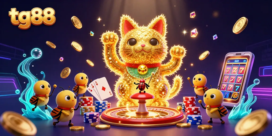 Join tg88 for thrilling casino action with a lucky cat made of fireflies and gambling symbols.