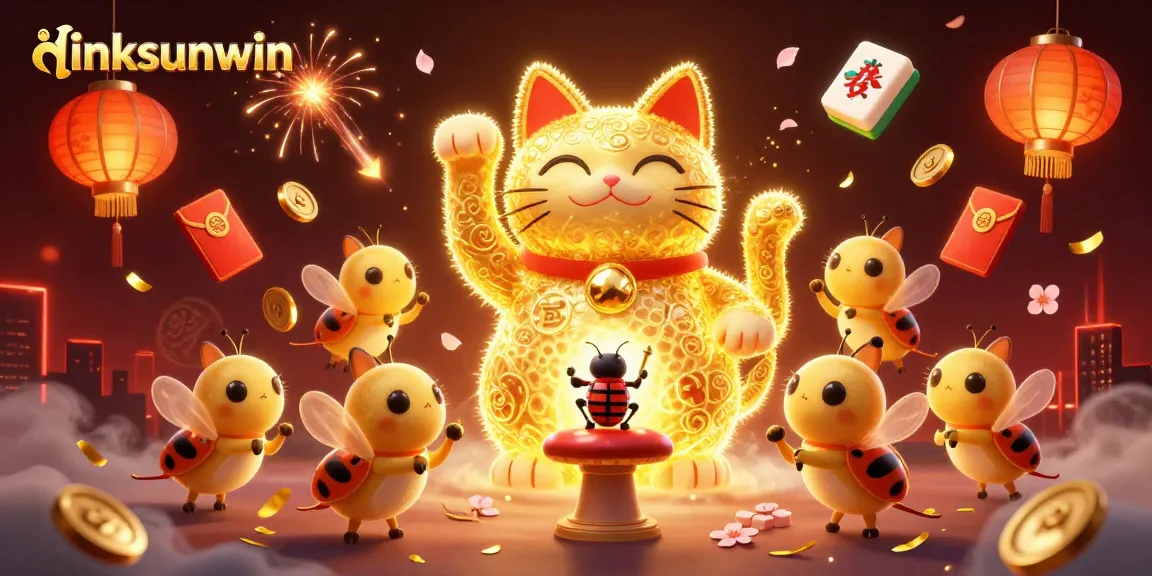 Engage with linksunwin as golden fireflies and a lucky cat highlight a vibrant casino scene.