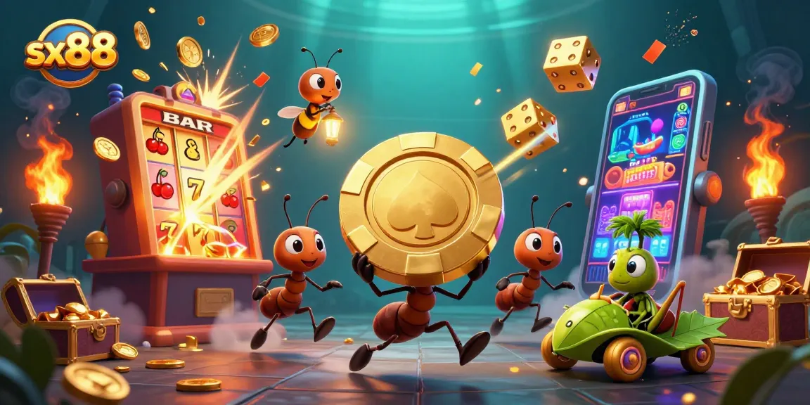 Experience the thrill of sx88 with a heist scene of ants and casino elements bursting with excitement.