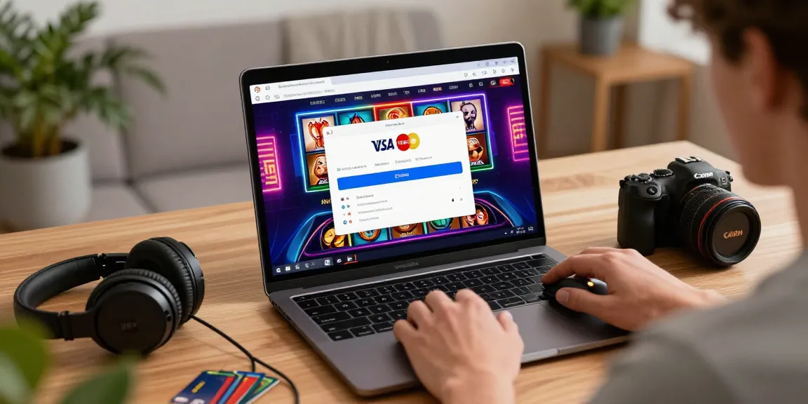 Player engaging with credit card casinos on a modern laptop amid vibrant gaming graphics and cozy atmosphere.