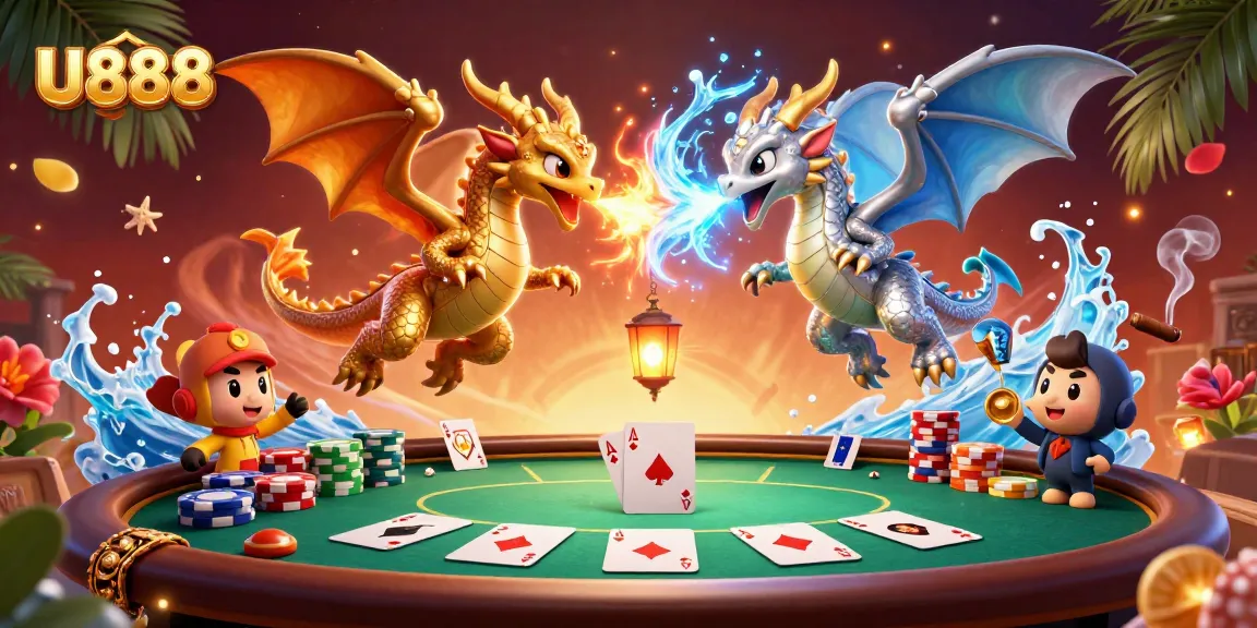 Experience U888's thrilling poker action with dynamic dragons in a vibrant casino setting.