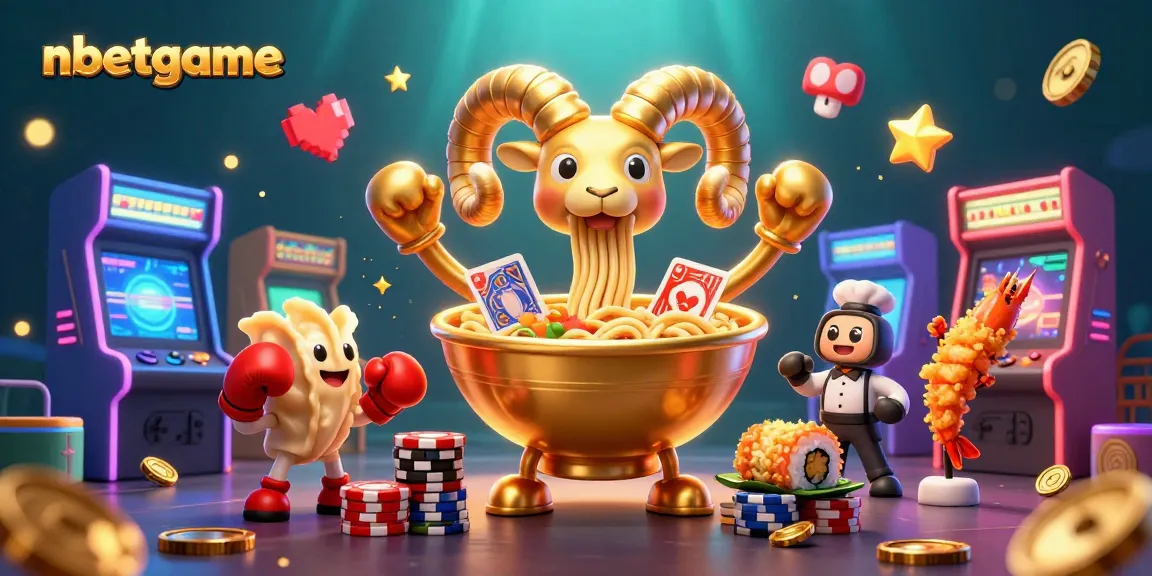 Engage with nbetgame as a golden ramen bowl character deals cards in an exciting casino setting.