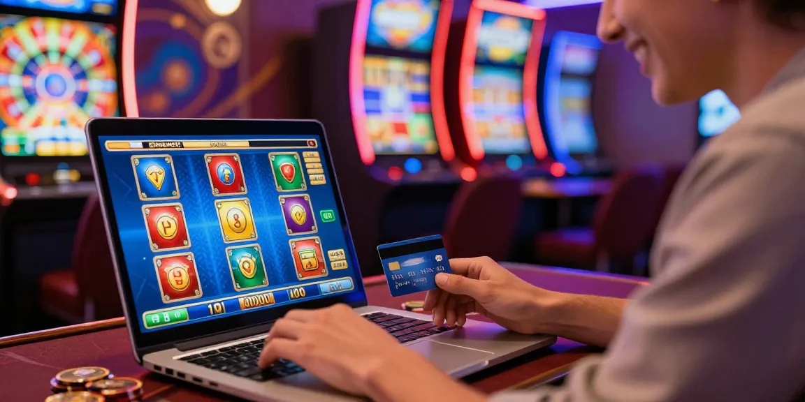 Player engaging with credit card casinos on a laptop, surrounded by vibrant casino elements and colorful graphics.