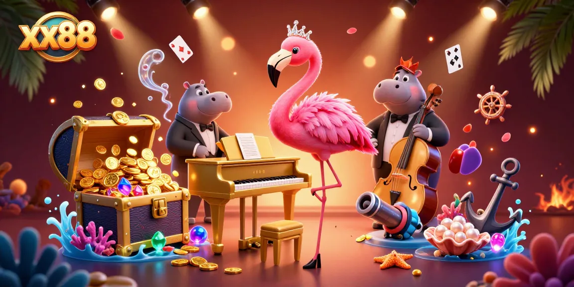 Experience exciting gaming at xx88 with a vibrant casino scene featuring a flamingo singer and a hippo bassist.