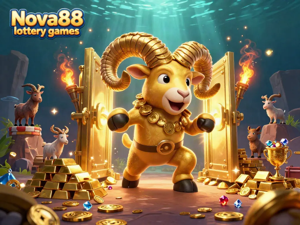 Experience the thrill of Nova88 lottery games with a golden ram charging at a treasure vault in this vibrant illustration.