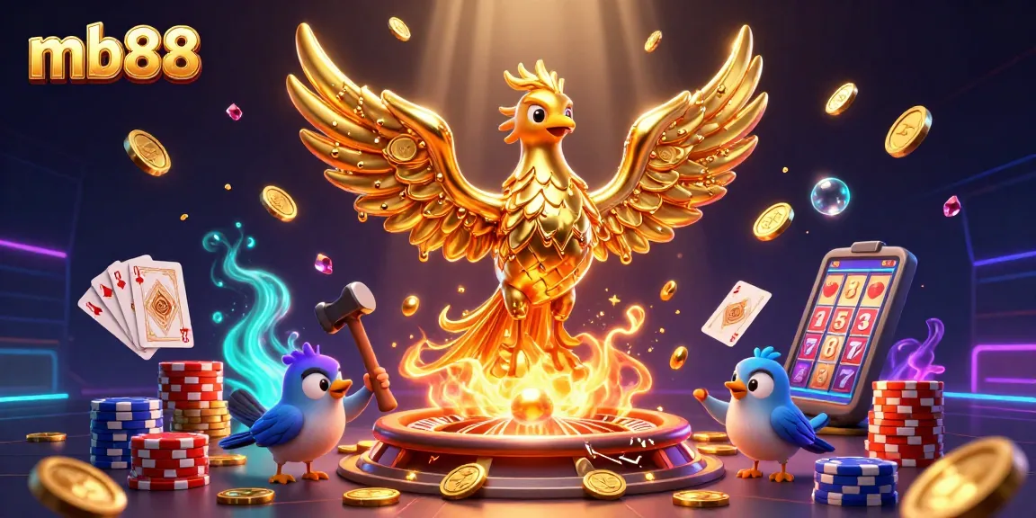 Experience thrilling gaming action at mb88 with a golden phoenix and vibrant casino elements!