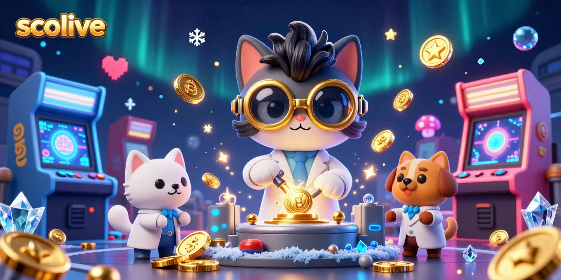 socolive enhances betting excitement with a colorful 3D scene of a mad scientist cat crafting coins amid arcade games.