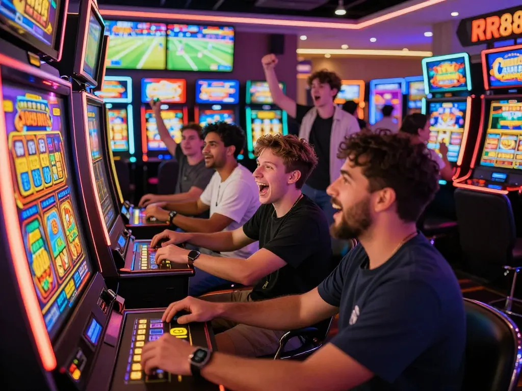 Exciting RR88 gaming scene capturing players enjoying diverse games, highlights rr88c.mobi's vibrant atmosphere.