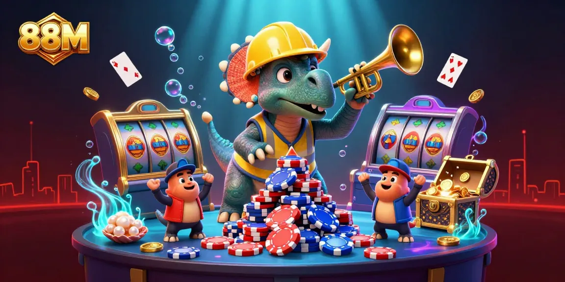 Engage with the vibrant 88M casino scene as a triceratops builds chip pyramids among dazzling treasures.