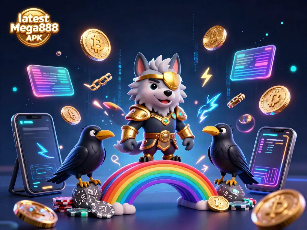 Experience the excitement of the latest Mega888 APK with a vibrant casino-themed 3D illustration