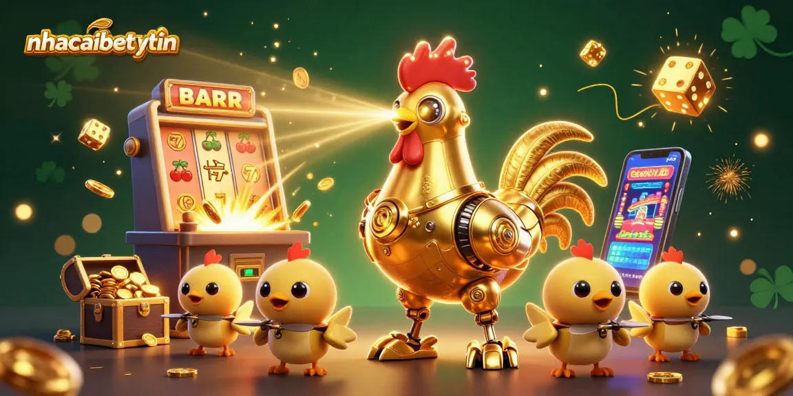 nhacaibetuytin showcases a dynamic 3D cartoon casino scene with a golden rooster robot and baby chick drones amid slot machines and jackpots.