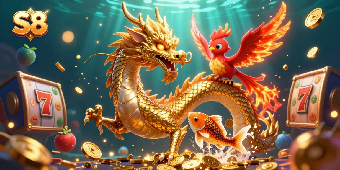 Spin on S8's slot games with a golden dragon and phoenix amidst a dynamic casino scene.