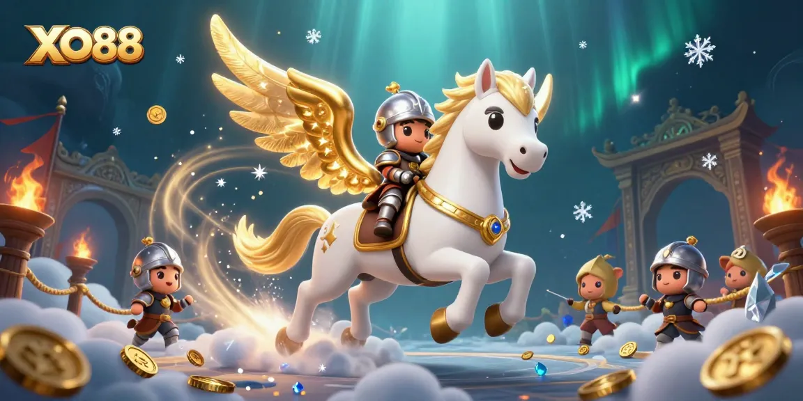 Experience thrilling gaming with XO88 as the celestial knight rides through a dynamic casino landscape.