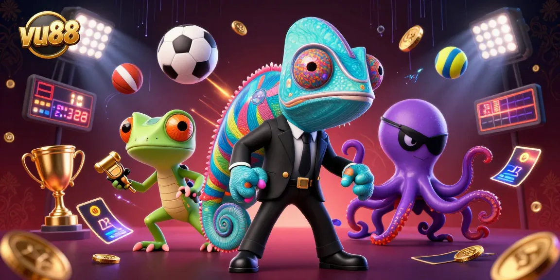 Engage in exciting gameplay at vu88, featuring a dynamic scene with colorful casino characters and sports elements.
