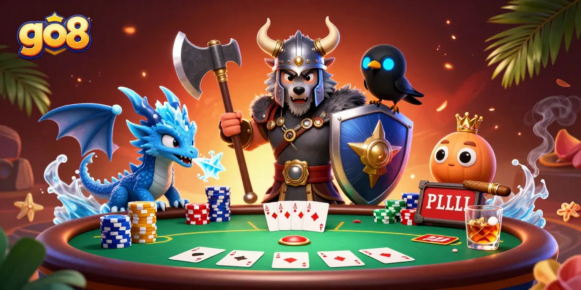Play exciting casino games with go8, watch the Viking wolf and dragon in action at a vibrant poker table!