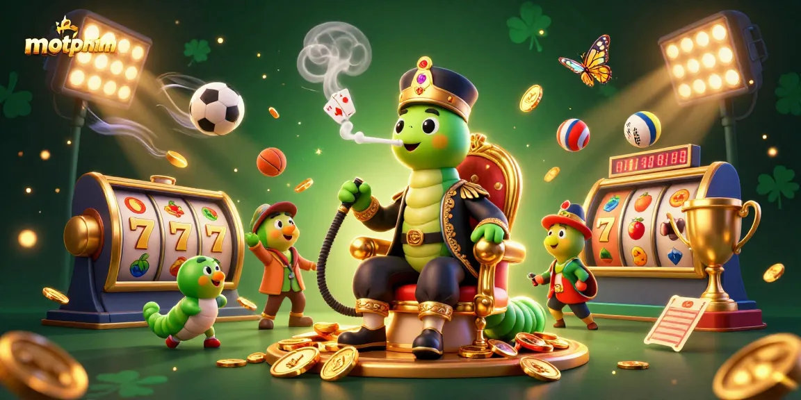 motphim promotes exciting slot action with vibrant symbols and a mesmerizing caterpillar master illustration.