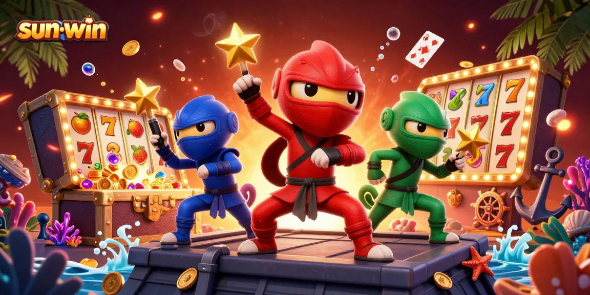 Engage with sun-win as ninja chameleons perform in a vibrant casino scene of slots.