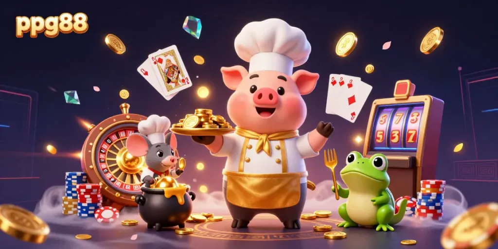 Experience the excitement of ppg88 with a cartoon pig chef serving gold coins amidst vibrant casino elements.