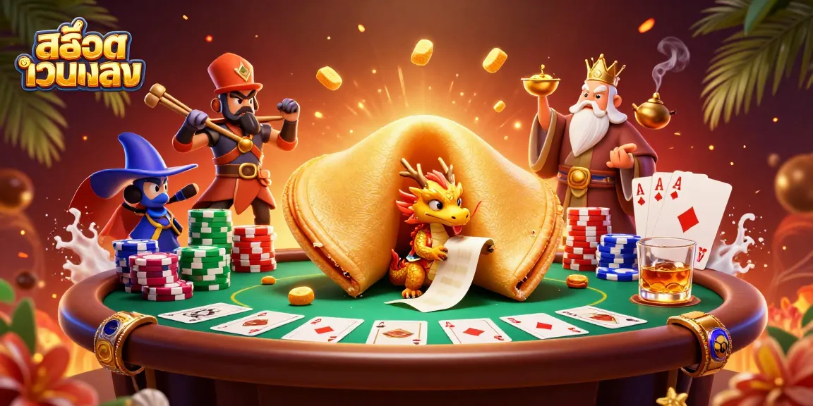 Experience the thrill of สล็อตเว็บตรง with a visually stunning 3D illustration of a golden fortune cookie and poker elements.
