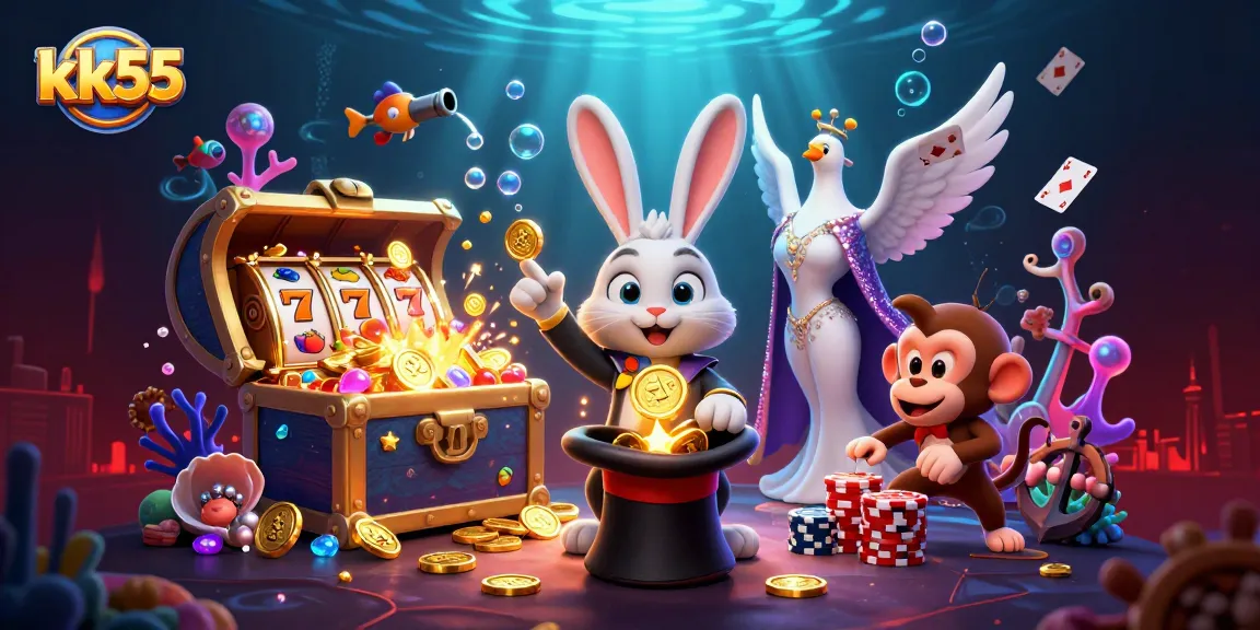Engage in exciting slots with kk55 as a magician rabbit reveals golden coins amid dynamic casino elements.