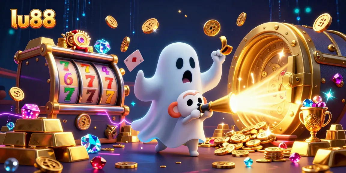 lu88 showcases an immersive slot jackpot scene with a poltergeist monkey and a curious ghost-hunter puppy.