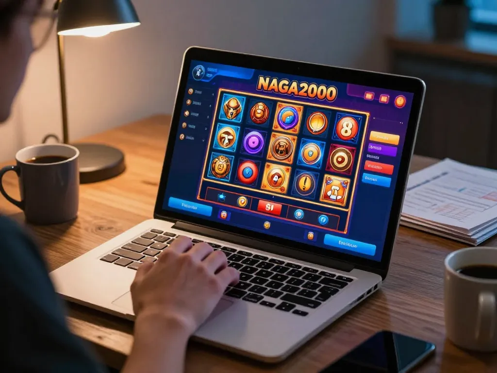 NAGA2000 player engaging with popular slot games on sleek laptop at home office.