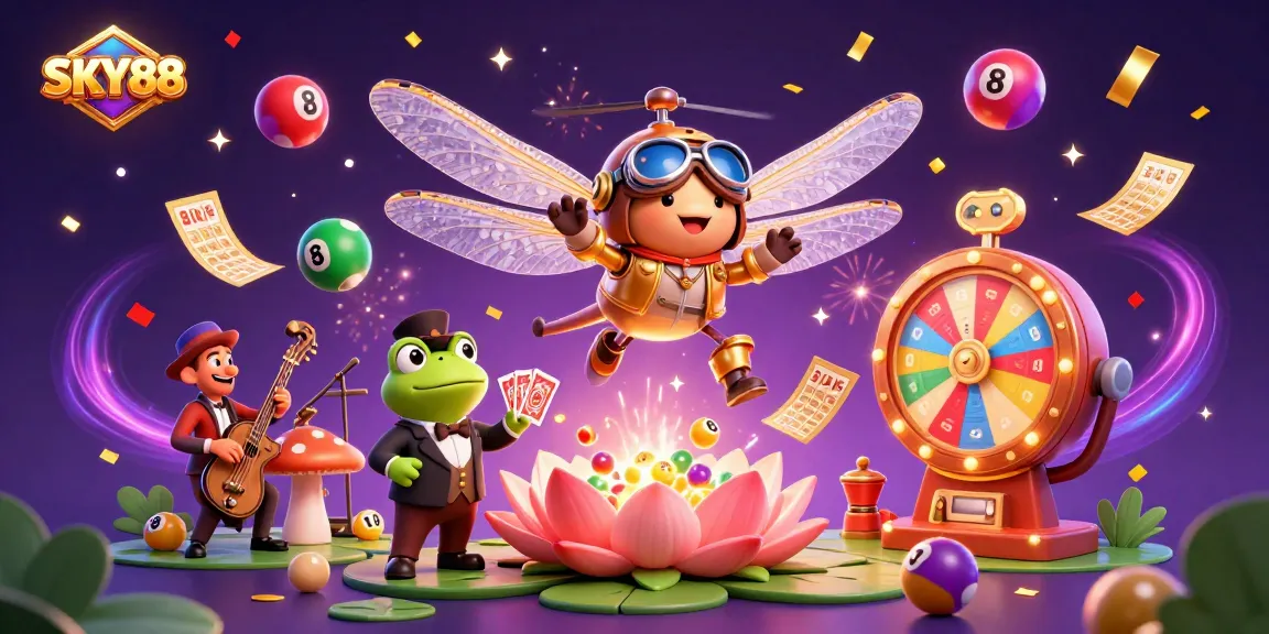 Engage in thrilling gambling at SKY88 with vibrant casino games and whimsical elements in this dynamic illustration.