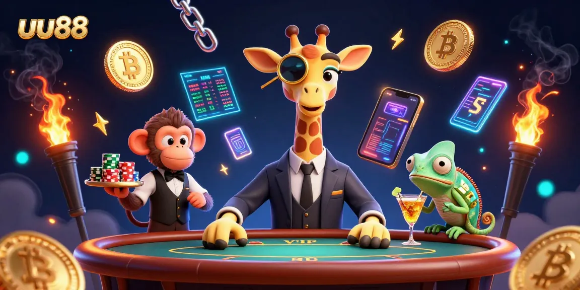 Experience dynamic gaming action with uu88's high-roller giraffe, monkey valet, and chameleon bartender.