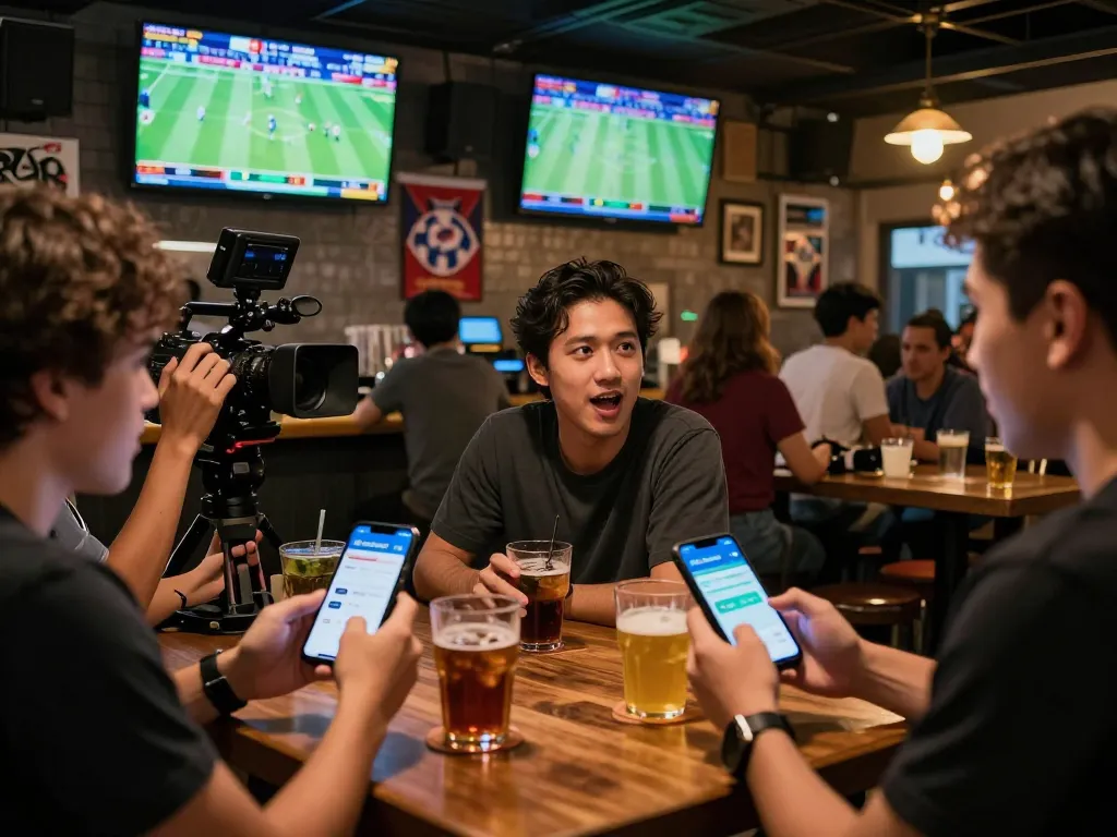 Excited patrons placing bets with the keonhacai tv app at a sports bar, showcasing lively atmosphere.