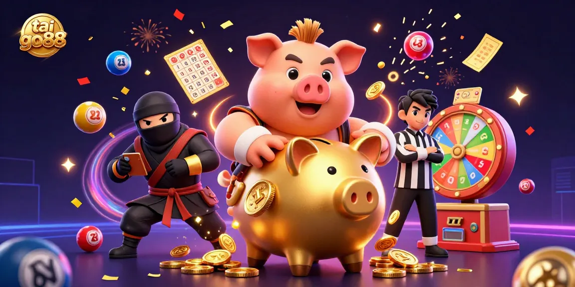 Tai go88 features a golden piggy bank sumo wrestler and colorful casino elements for vibrant gameplay.