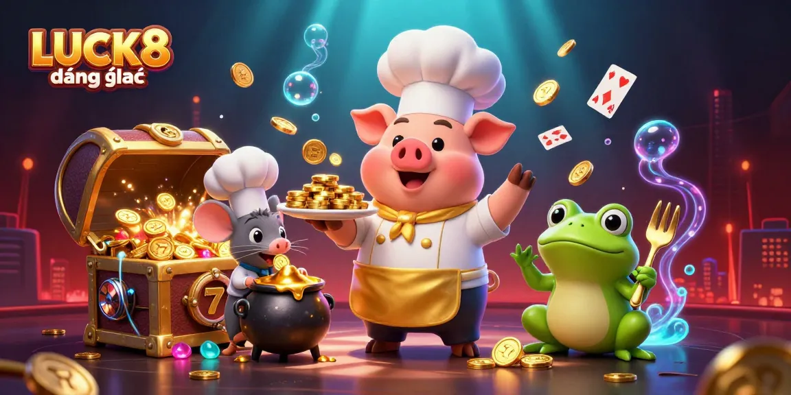 Experience thrilling wins with LUCK8 đăng nhập, where cartoon chefs serve gold coins among vibrant slot elements.
