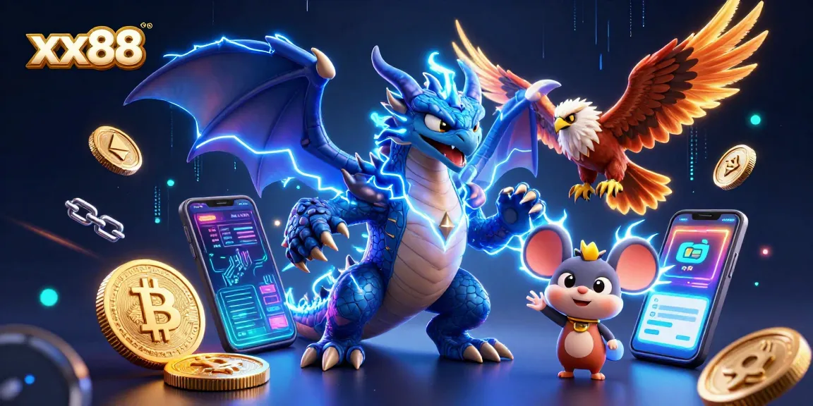Engage with the thrilling powers of xx88 featuring a thunder dragon, glowing hawk, and electric mouse in a vibrant casino atmosphere.