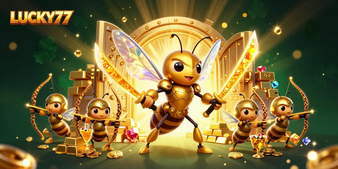Experience the thrill of LUCKY77 with this vibrant 3D casino illustration showcasing epic characters and treasures.