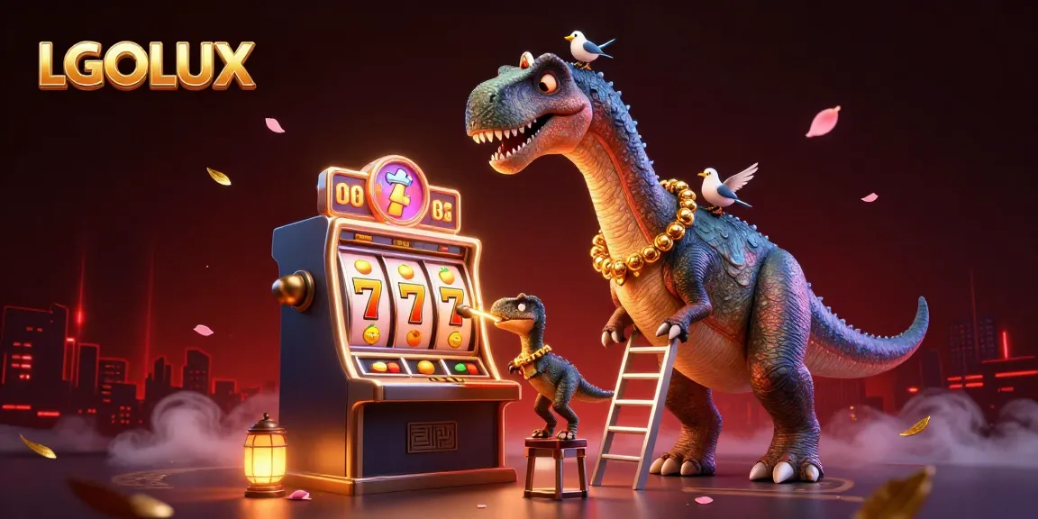 LGOLUX showcases exciting slot gameplay with a giant brontosaurus in a colorful casino.